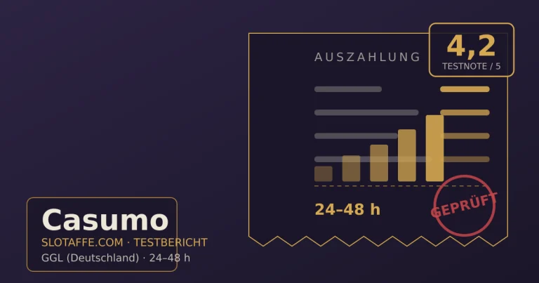 Casumo – Titelgrafik des unabhaengigen SlotAffe-Testberichts mit Lizenz, Bonus und Auszahlungsinfos