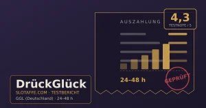 DrückGlück – Titelgrafik des unabhaengigen SlotAffe-Testberichts mit Lizenz, Bonus und Auszahlungsinfos