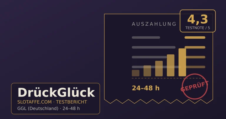 DrückGlück – Titelgrafik des unabhaengigen SlotAffe-Testberichts mit Lizenz, Bonus und Auszahlungsinfos