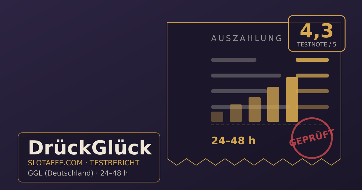DrückGlück – Titelgrafik des unabhaengigen SlotAffe-Testberichts mit Lizenz, Bonus und Auszahlungsinfos