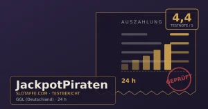 JackpotPiraten – Titelgrafik des unabhaengigen SlotAffe-Testberichts mit Lizenz, Bonus und Auszahlungsinfos