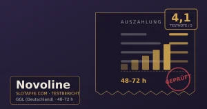 Novoline – Titelgrafik des unabhaengigen SlotAffe-Testberichts mit Lizenz, Bonus und Auszahlungsinfos
